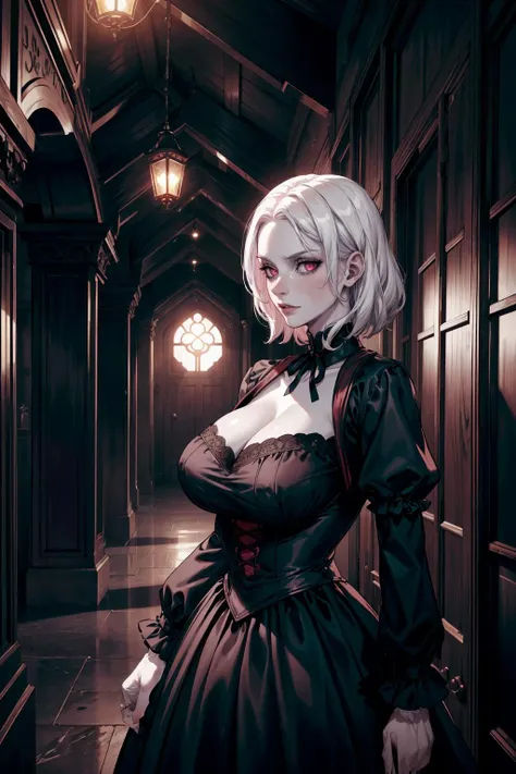 (highres,absurdres,incredibly absurdres,huge filesize,Volumetric Lighting,moody lighting),
(england, night, year 1950, night, scary atmosphere),
1girl, milf, mature female, aged up, older woman, vampire, white hair, pink eyes, pale skin, black victorian dress,