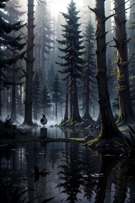 (highres,absurdres,incredibly absurdres,huge filesize,Volumetric Lighting,moody lighting),
(forest, evening, lake, birds),