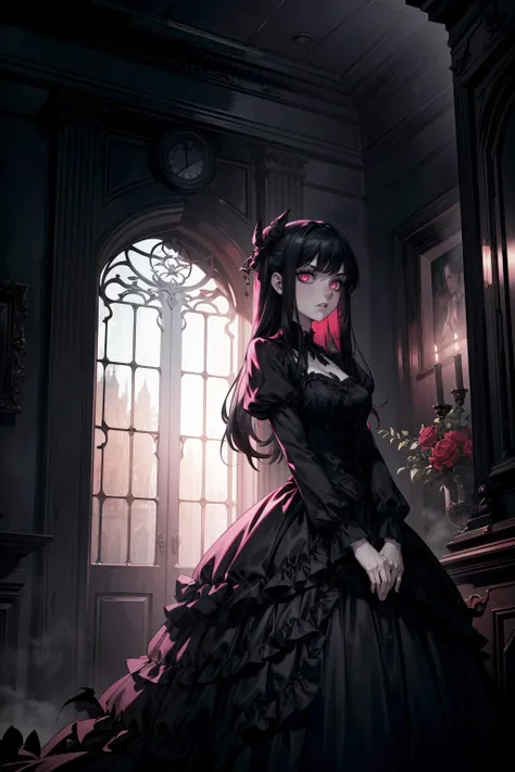 (highres,absurdres,incredibly absurdres,huge filesize,Volumetric Lighting,moody lighting),
(england, night, year 1950, night, scary atmosphere),
1girl, vampire, black hair, pink eyes, pale skin, black victorian dress,