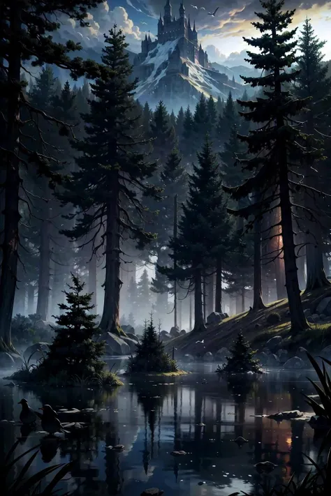 (highres,absurdres,incredibly absurdres,huge filesize,Volumetric Lighting,moody lighting),
(forest, evening, lake, birds),