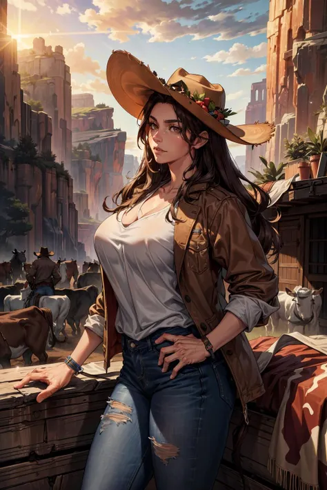 (highres,absurdres,incredibly absurdres,huge filesize,Volumetric Lighting,moody lighting),
(cowboy western, desert, cows, horse, evening, sun, canyons),
1girl, brown hair, brown eyes, mature female, aged up, 56 year old woman, torn jeans, brown cowboy jacket, cowboy hat,