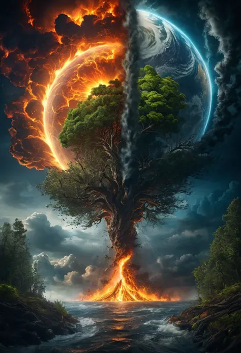 ((Image of 4 elements clashing into a single point)), fire clashing with water clashing with tornado clashing with earth, water clashing, earth forest clashing, windy cloud clashing, Masterpiece, 8k, sharp image, highest-quality, intricate details, 4 elements clashing into a perfect symmetrical point, fire earth water wind, fractal, highly detailed, micro-details, micro-details within the micro-details, sharp edges, detailed textures, wide angle, cinematic view, full view, atmospheric lighting, visually stunning, high contrast, fantasy, 1image, trending on artstation