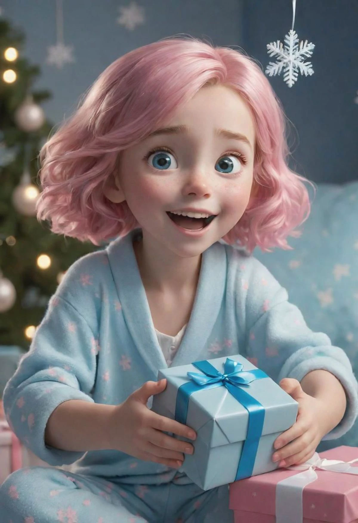 disney pixar style, (masterpiece, best quality, high resolution:2), detailed face, soothing tones, muted colors, high contrast, (natural skin texture, hyperrealism, soft light, sharp), Cannon EOS 5D Mark III, low light, underexposed, high contrast lifelike texture, young girl with pink hair and snowflake pajamas ecstatic holding a light blue gift box, living room with christmas tree, sharp focus, natural lighting, subsurface scattering, f2, 35mm, perfect anatomy, maximum detail, hard rim lighting photography, hyper realism, high detail, 8k, HDR, UHD, (photorealistic:2), panoramic, dslr photo, (((surreal))), trippy, <sharpness:1.2>