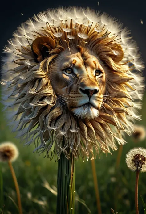 Masterpiece, 8k, highest-quality, intricate details, lion-dandelion, dandelion mane, dandelion-lion, stem body, sprouting, gusty wind, highly detailed, micro-details, micro-details within the micro-details, sharp edges, detailed textures, cinematic view, full view, atmospheric lighting, visually stunning, high contrast, trending on artstation