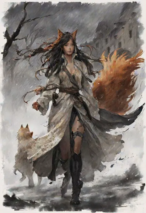 impressionist painting, WLOP_illustration_style, fantasy, medieval, wood, inn, muddy road, evening, overcast, fisheye, from below, sky, dramatic clouds, dark, gray, heavy raining, desaturated, painting, rough brush strokes.
ginger head, woman far in background, big fox ears, Enigma_Kitsune, heavy ripped clothes, cloak, dancing, laughing, looking at sky, spinning, happy, long hair, big hair, messy hair, high ponytail, bare neck, forehead, bare shoulders, saggy breasts