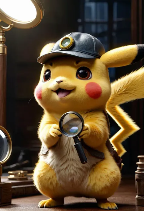 Detective Pikachu eye is magnified through a magnifying glass. Wearing detectives hat and suit, looking at the crime scene, facing viewer, vibrant, Masterpiece, (8k), (32k), highest-quality, intricate details, highly detailed, best artist, micro-details, micro-details within the micro-details, sharp edges, detailed textures, ((full body shot)) ((full body cinematic)), atmospheric lighting, visually stunning, perfect composition, trending on artstation