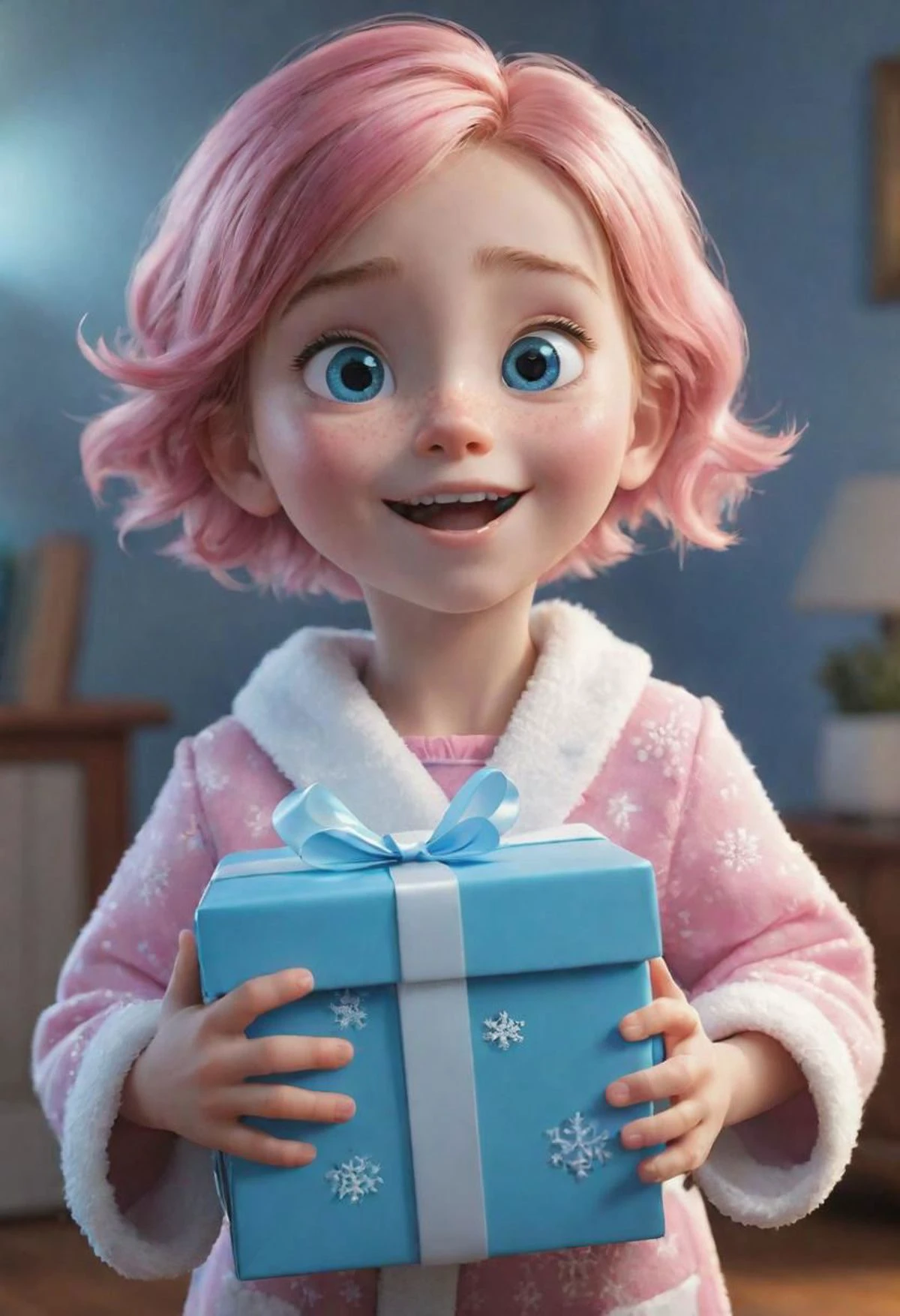 disney pixar style, (masterpiece, best quality, high resolution:2), detailed face, soothing tones, muted colors, high contrast, (natural skin texture, hyperrealism, soft light, sharp), Cannon EOS 5D Mark III, low light, underexposed, high contrast lifelike texture, young girl with pink hair and snowflake pajamas ecstatic holding a light blue gift box, living room with christmas tree, sharp focus, natural lighting, subsurface scattering, f2, 35mm, perfect anatomy, maximum detail, hard rim lighting photography, hyper realism, high detail, 8k, HDR, UHD, (photorealistic:2), panoramic, dslr photo, (((surreal))), trippy, <sharpness:1.2>