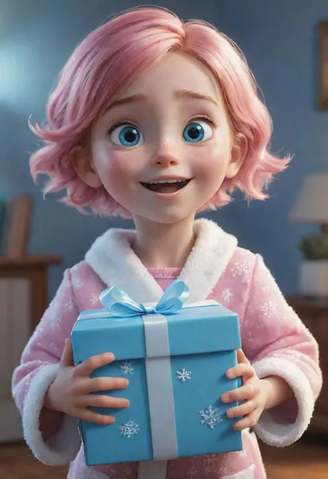 disney pixar style, (masterpiece, best quality, high resolution:2), detailed face, soothing tones, muted colors, high contrast, (natural skin texture, hyperrealism, soft light, sharp), Cannon EOS 5D Mark III,  low light, underexposed, high contrast lifelike texture, young girl with pink hair and snowflake pajamas ecstatic holding a light blue gift box, living room with christmas tree, sharp focus, natural lighting, subsurface scattering, f2, 35mm, perfect anatomy, maximum detail, hard rim lighting photography, hyper realism, high detail, 8k, HDR, UHD, (photorealistic:2), panoramic, dslr photo, (((surreal))), trippy, <sharpness:1.2>