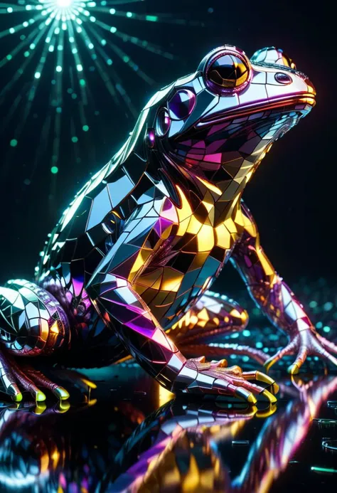 Masterpiece, 8k, sharp image, highest-quality, intricate details, a neon disco frog, neon lilypad, ral-dscbll, fractal, highly detailed, micro-details, micro-details within the micro-details, sharp edges, detailed textures, wide angle, cinematic view, in full view, atmospheric lighting, visually stunning, high contrast, trending on artstation