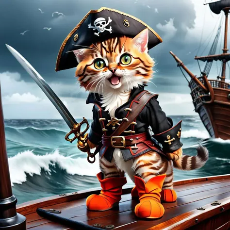 (wide angle shot:1.5), (((far distance))), master piece, highest quality, (((Bengal Kitten))), adorable fluffy, glowing orange colored cat eyes, floppy pirate hat ears sticking out top, (((pirate cutlass on hip in a scabbard))), (((on back legs:0.8))), (wearing adorable knee high pirate boots:1.5), standing on rickety wooden pirate ship, (((surrounded by the sea))), choppy, terrifying waves, stormy skies, fantasy horror