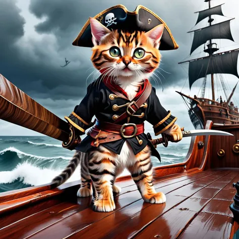 (wide angle shot:1.5), (((far distance))), master piece, highest quality, (((Bengal Kitten))), adorable fluffy, glowing orange colored cat eyes, floppy pirate hat ears sticking out top, (((pirate cutlass on hip in a scabbard))), (((on back legs:0.8))), wearing adorable knee high pirate boots))), standing on rickety wooden pirate ship, in the ocean, choppy, terrifying waves, stormy skies, fantasy horror