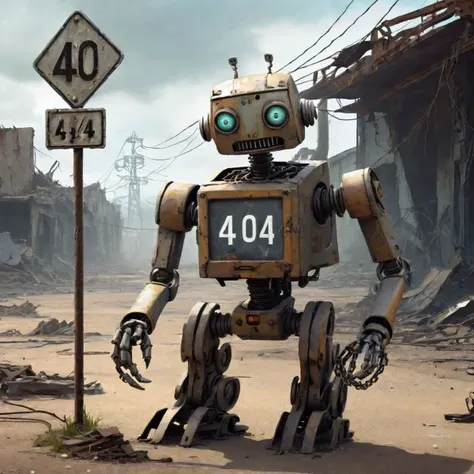 A digital artwork of a stylized '404' sign, in a post-apocalyptic setting, with a robot looking confused and holding an old, broken link chain. The image should capture the essence of disappointment and surprise, yet also be amusing and engaging. Detailed, high-definition, 4K Ultra HD, in a cyberpunk art style, with a touch of humor, trending on artstation, masterpiece, illustration. The theme should clearly indicate a 'Page Not Found' situation, making the viewer feel understood and valued despite the error.