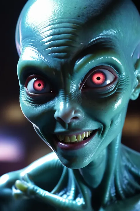 Generate a close-up image that captures the youthful and vibrant face of an 18-year-old alien girl, perhaps with a bright smile or a look of innocent curiosity, The attempt is to eat the spectator,