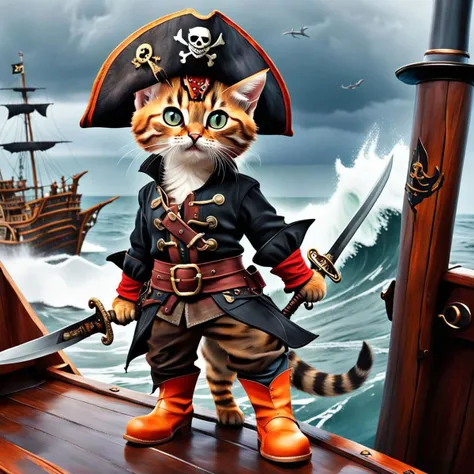 (wide angle shot:1.5), (((far distance))), master piece, highest quality, (((Bengal Kitten))), adorable fluffy, glowing orange colored cat eyes, floppy pirate hat ears sticking out top, (((pirate cutlass on hip in a scabbard))), (((on back legs:0.8))), (wearing adorable knee high pirate boots:1.5), standing on rickety wooden pirate ship, (((surrounded by the sea))), choppy, terrifying waves, stormy skies, fantasy horror