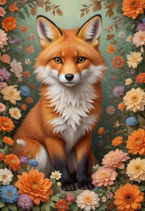 intricate shading, three-dimensional appearance, central figure fox surrounded by various flowers, soft pastel background colors, assortment of flowers complementing the fox’s orange fur, meticulously detailed fur, soft and hard shading, plush glossy texture, semi-realistic style, vibrant colors, intricate detail, charming subject matter, appealing to wildlife art enthusiasts, digital illustration techniques, inspired by artists like Sakimichan or TsaoShin