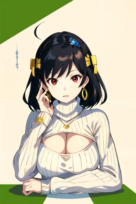 <lora:open-chest-sweater:1> 1girl,solo, upper body, open chest sweater, cleavage cutout, ribbed sweater, black hair, red eyes, jewelry , hop earrings, large breasts, looking at viewer, red lips , colorful