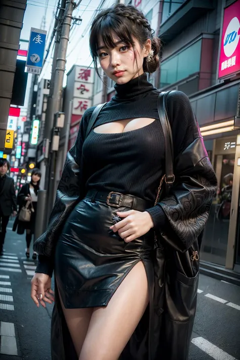 (realistic:1.3), finely detailed, quality, rembrandt lighting, (masterpiece:1.2), (photorealistic:1.2), (best quality), (detailed skin:1.3), (intricate details), dramatic, ray tracing, 1girl, japanese girl, smiling, updo hair, 21 years old, medium breasts, cleavage cutout, knit sweater, turtleneck, (sunny day, tokyo street background, feminine poses, cowboy shot), <lora:open-chest-sweater:0.7>