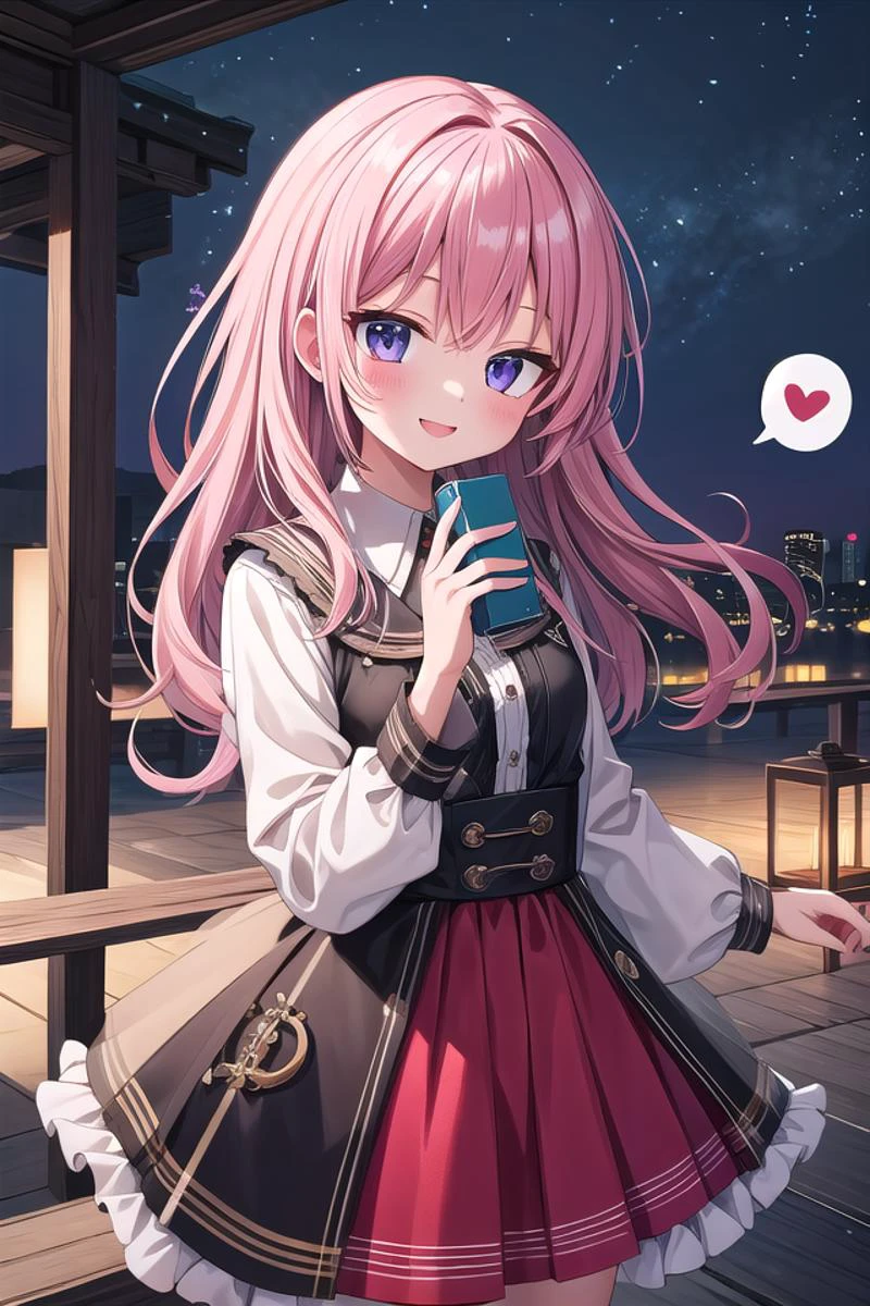 masterpiece, best quality, unity 8k wallpaper, illustration, ultra-detailed, <lora:speech_bubble_v1-000010:0.9>, spoken heart, smile, 1girl, solo, outdoors,