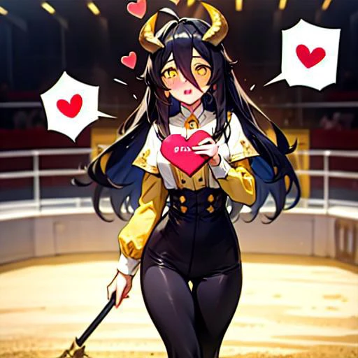 the most beautiful girl ever,bold,daring,tr4j3, traje de luces, blue and gold, albedo, ahoge, black hair, horns, long hair, (yellow eyes:1.5),, gold trim, long sleeves,thick thighs,, embarrassed, blushed, shame, spoken heart, spoken blush, love heart mark, heart exclamation mark, hair bow,bullfight arena,sandy ground,standing engarde,in deep love with the viewer,high waist capri leggings,love letter, pov,heart