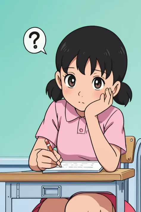 masterpiece, best quality, high resolution,
1girl, classroom-interior, (hide face), writing with pencil, thinking while studying in the classroom,
<lora:Partist_Shizuka:0.9>  black hair, ((short twintails)),
<lora:speech_bubble_v1:1> question mark, spoken exclamation mark,