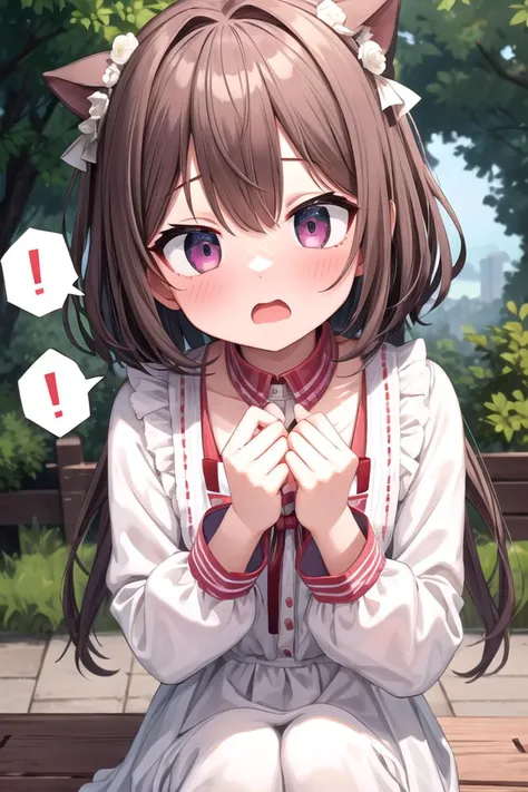 masterpiece, best quality, absurdres, extremely detailed, illustration, cute, perfect lighting, 1girl, solo, outdoors, <lora:speech_bubble_v1:1>, spoken exclamation mark, surprised,