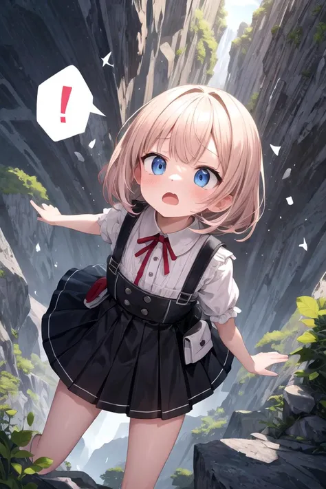 masterpiece, best quality, absurdres, extremely detailed, illustration, cute, perfect lighting, 1girl, solo, outdoors, <lora:speech_bubble_v1:1>, spoken exclamation mark, surprised, mountain, rock, falling, looking up,