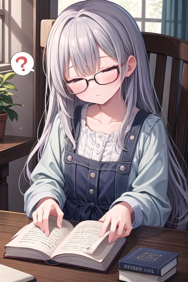 masterpiece, best quality, absurdres, extremely detailed, illustration, cute, perfect lighting, 1girl, solo, <lora:speech_bubble_v1-000010:1>, spoken question mark, book, table, holding book, open book, glasses, reading, looking down, half-closed eyes, head tilt,