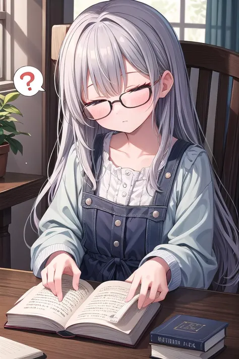 masterpiece, best quality, absurdres, extremely detailed, illustration, cute, perfect lighting, 1girl, solo, <lora:speech_bubble_v1-000010:1>, spoken question mark, book, table, holding book, open book, glasses, reading, looking down, half-closed eyes, head tilt,