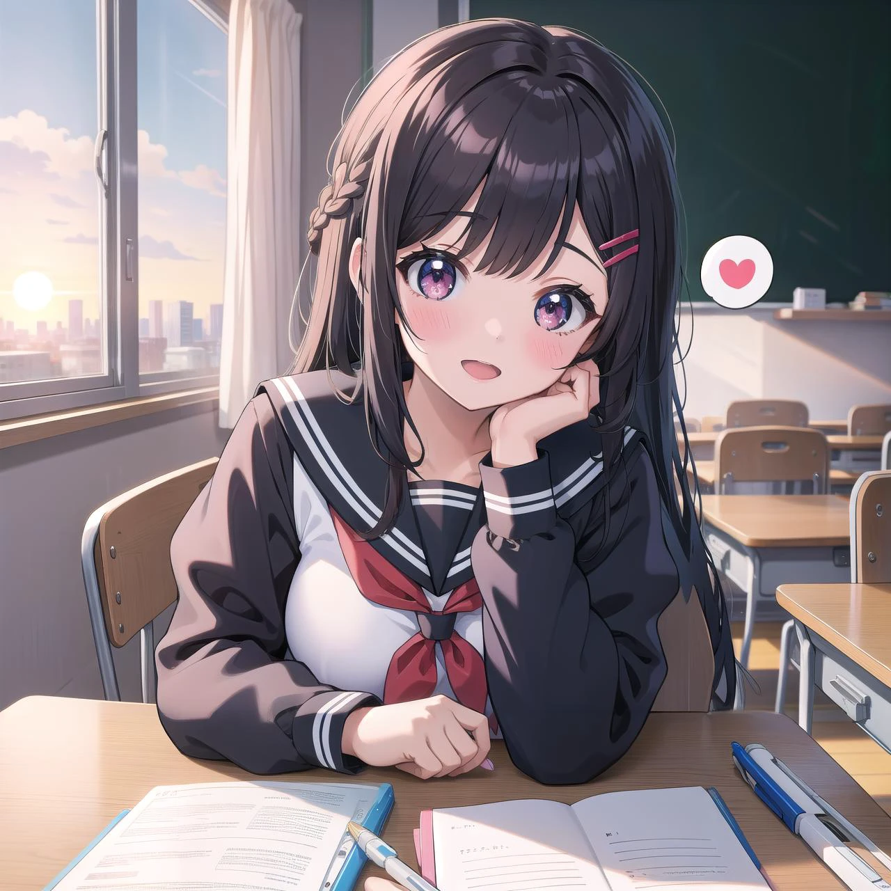 <lora:speech_bubble_v1:1> (spoken heart:1.2)
1girl, solo, girl, long hair, braids, shiny hair, hairclip, tied hair,
<lora:PovStudy:0.4> PovStudy,
looking at viewer, solo focus, pov, ^^^,
blush, smile, head rest, open mouth, bangs,
black hair, school uniform, serafuku, long sleeves, puffy sleeves,
indoors, desk, classroom, school desk, chalkboard, eraser, window,
pencil, holding pencil, mechanical pencil, sunset, cityscape,
(masterpiece), best quality, extremely detailed, ultra-detailed, nsfw,