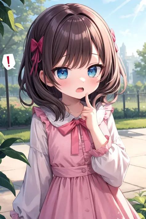 masterpiece, best quality, absurdres, extremely detailed, illustration, cute, perfect lighting, 1girl, solo, outdoors, <lora:speech_bubble_v1:1>, spoken exclamation mark, surprised,