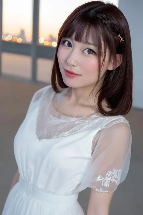 1girl, (wearing a light red sleeveless cotton dress:1.8),(RAW photo, best quality), (realistic, photo-realistic:1.4), masterpiece, an extremely delicate and beautiful, extremely detailed, 2k wallpaper, Amazing, finely detail, extremely detailed CG unity 8k wallpaper, ultra-detailed, highres, soft light, beautiful detailed girl, extremely detailed eyes and face, beautiful detailed nose, beautiful detailed eyes,cinematic lighting,(in the city at night:2.0),perfect anatomy,(slender body:1.6),laugh,(close up:1.6),(open eyes:1.4),(look at viewer),(front view:1.0),(japanese young girl:1.4),cinematic angle,(wavy  hair), (brown eyes:1.8),(cleavage:0.8),(standing:1.8),  <lora:fukuzumisaya_lora-03:0.8>
