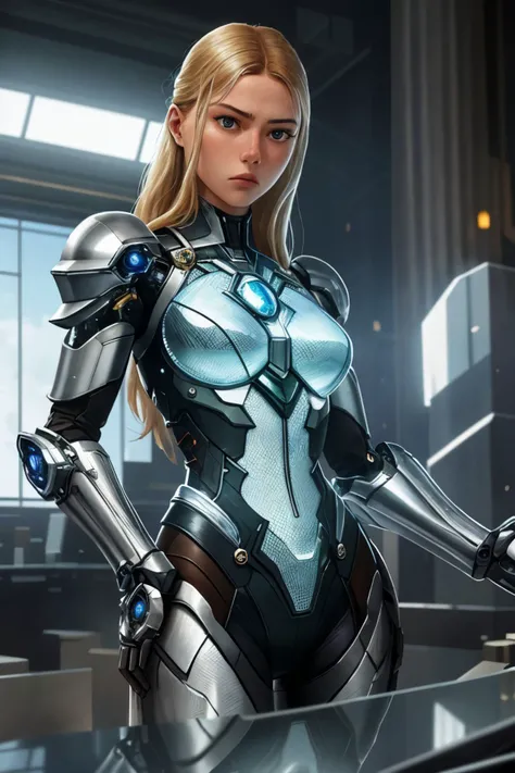 realistic photo of <lora:sd15_locon_AnnieSchroeter_24_v1.0:.9> AnnieSchroeter, solo, (full body:0.6), looking down, detailed background, detailed face, ( theme:1.1), intense expression, dynamic pose, glass-cyborg, (made of glass:1.1), glass construct, champion, glass armor, clean glass, mechanical, power source, steam, reflections, workshop in background, cinematic atmosphere,