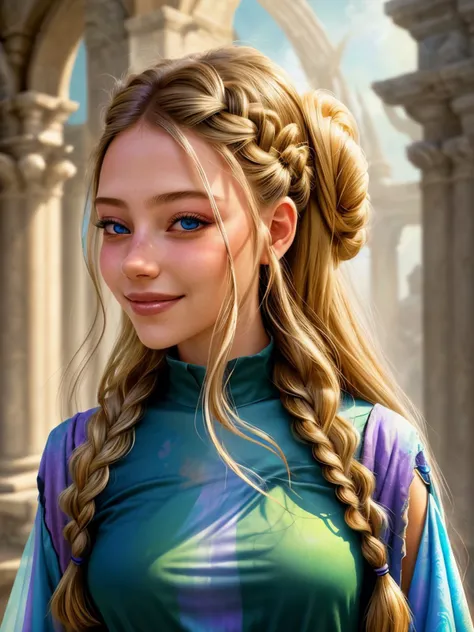 (ethereal fantasy concept art, magnificent, celestial, ethereal, painterly, epic, majestic, magical, fantasy art, cover art, dreamy:1.15), <lora:sd15_locon_AnnieSchroeter_24_v1-000008:.9> AnnieSchroeter, focus on eyes, close up on face, huge smile, hair styled as multi-braid hair,