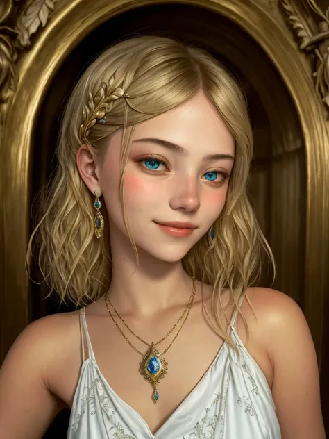 (symbolist interpretation, allegorical, detailed, mysterious:1.15), <lora:sd15_locon_AnnieSchroeter_24_v1-000008:.9> AnnieSchroeter, focus on eyes, close up on face, smile, wearing jewelry, hair styled as short layered hair,