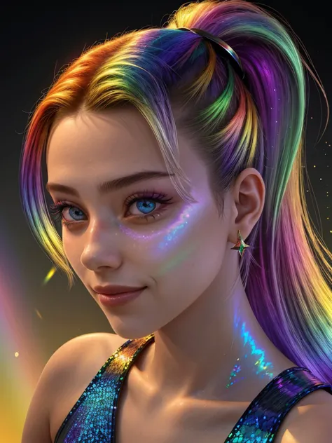 (holographic style, rainbow, shimmer, 3D effect, detailed:1.15), <lora:sd15_locon_AnnieSchroeter_24_v1-000008:.9> AnnieSchroeter, focus on eyes, close up on face, grinning, wearing jewelry, military color hair styled as sleek ponytail hair, dramatic rim lighting
