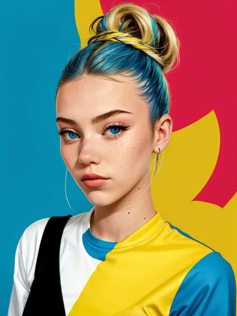 (pop art, vibrant colors, iconic, bold outlines, dotted:1.15), headshot <lora:sd15_locon_AnnieSchroeter_24_v1-000008:.9> AnnieSchroeter, focus on face, wearing camo , her olympic blue color hair is styled as fishtail messy bun,