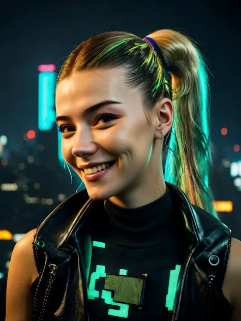 (cyberpunk cityscape, neon, dark, futuristic, detailed:1.15), <lora:sd15_locon_AnnieSchroeter_24_v1-000008:.9> AnnieSchroeter, focus on eyes, close up on face, huge smile, sinopia color hair styled as curled ponytail,