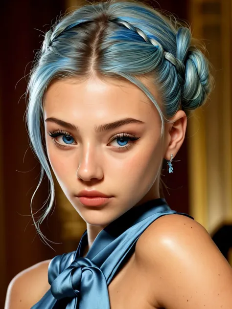 photo of <lora:sd15_locon_AnnieSchroeter_24_v1-000008:.9> AnnieSchroeter, focus on eyes, close up on face, pouting, wearing jewelry, Periwinkle Blue hair styled as knotted chignon,