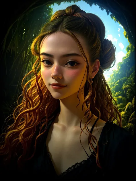 (renaissance style, historical, humanistic, detailed, chiaroscuro:1.15), (low angle, closeup on face:1.2) <lora:sd15_locon_AnnieSchroeter_24_v1-000008:.9> AnnieSchroeter, smiling, she is wearing Undone sarashi, her hair is styled as Top Knot with Curly Hair, BREAK she is (in the jungle:1.1), dramatic rim lighting, hologram effect,shot on (RED:.6) camera ,8mm fisheye lens ,