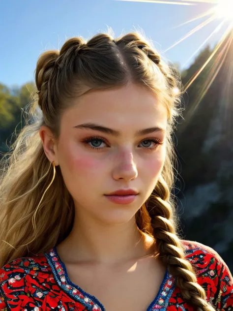 (folk art style, vibrant, patterned, cultural, highly detailed:1.15), <lora:sd15_locon_AnnieSchroeter_24_v1-000008:.9> AnnieSchroeter, focus on eyes, close up on face, hair styled as waterfall braid hair, lens flare