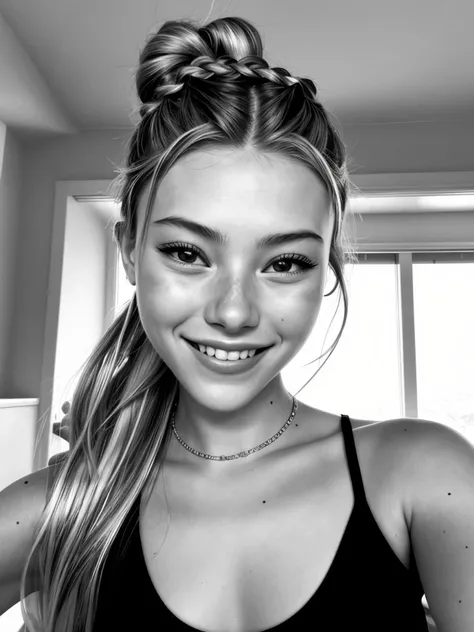 photo of <lora:sd15_locon_AnnieSchroeter_24_v1-000008:.9> AnnieSchroeter, focus on eyes, close up on face, huge smile, wearing jewelry, hair styled as high braided bun, desaturated grunge filter