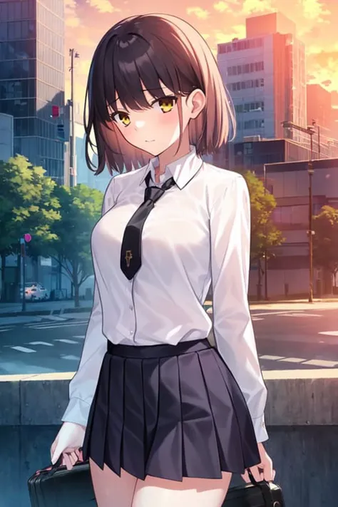 best quality, masterpiece, photo of a iom girl, best quality, masterpiece, 1girl, solo, cowboy shot, school uniform, white shirt, collared shirt, black necktie, miniskirt, black skirt, pleated skirt, outdoor, city, daytim. extremely detailed CG unity 8k wallpaper, ((ultra-detailed)), (best illustration), (best shadow), ((an extremely delicate and beautiful)), ((cinematic light)),