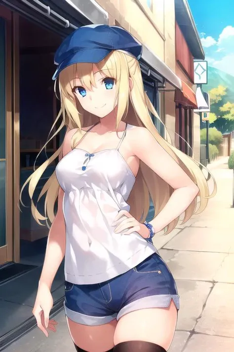 1girl, solo, cute girl, best quality, photo of a iom girl, best illustration, masterpiece, long hair, (blonde hair:1.2), medium breasts, closed mouth, light smile, casual, shorts, thighhighs, bare shoulders, hat, beautiful scenery, outdoors, city