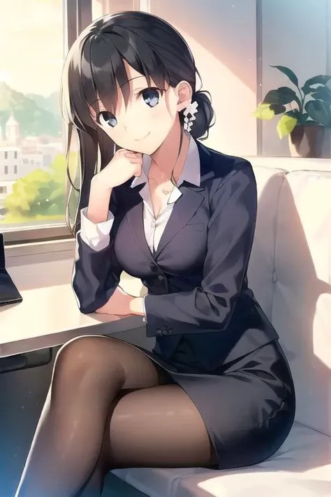 1girl, solo, cute girl, best quality, photo of a iom girl, best illustration, masterpiece, half updo, (black hair:1.2), medium breasts, closed mouth, light smile, office lady, skirt suit, pencil skirt, black pantyhose, original, office, beautiful scenery, collarbone, sitting, crossed legs,