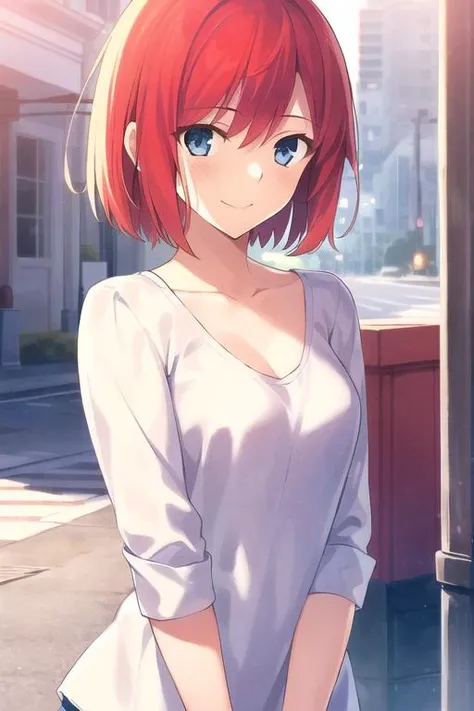 1girl, solo, cute girl, best quality, photo of a iom girl, best illustration, masterpiece, short hair, bob cut, single braid, (red hair:1.2), medium breasts, closed mouth, light smile, casual, beautiful scenery, outdoors, city, collarbone