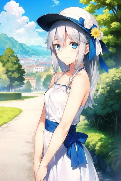 1girl, solo, cute girl, best quality, photo of a iom girl, best illustration, masterpiece, long hair, (silver hair:1.2), medium breasts, closed mouth, light smile, casual, dress, bare shoulders, hat, beautiful scenery, outdoors, city