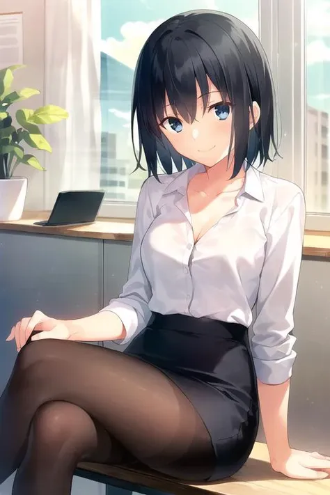 1girl, solo, cute girl, best quality, photo of a iom girl, best illustration, masterpiece, short hair, (black hair:1.2), medium breasts, closed mouth, light smile, office lady, skirt suit, pencil skirt,  black pantyhose, original, office, beautiful scenery, collarbone, sitting, crossed legs,