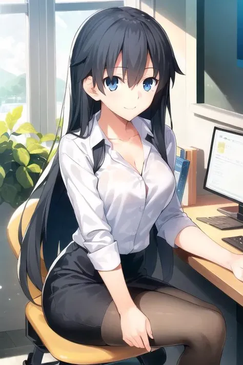1girl, solo, cute girl, best quality, photo of a iom girl, best illustration, masterpiece, long hair, (black hair:1.2), medium breasts, closed mouth, light smile, shin jigen game neptune vii, office lady, skirt suit, pencil skirt, black pantyhose, original, office, beautiful scenery, collarbone, sitting, crossed legs,