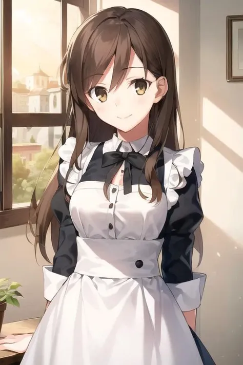 1girl, solo, cute girl, best quality, photo of a iom girl, best illustration, masterpiece, long hair, (brown hair:1.2), medium breasts, closed mouth, light smile, maid, beautiful scenery, indoors