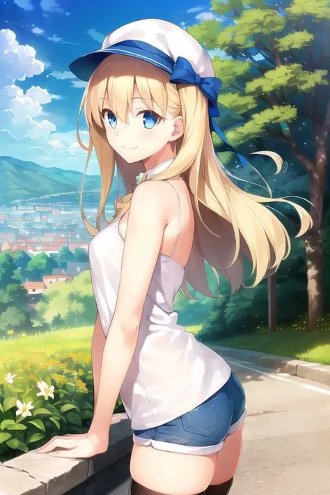 1girl, solo, cute girl, best quality, photo of a iom girl, best illustration, masterpiece, long hair, (blonde hair:1.2), medium breasts, closed mouth, light smile, casual, shorts, thighhighs, bare shoulders, hat, beautiful scenery, outdoors, city